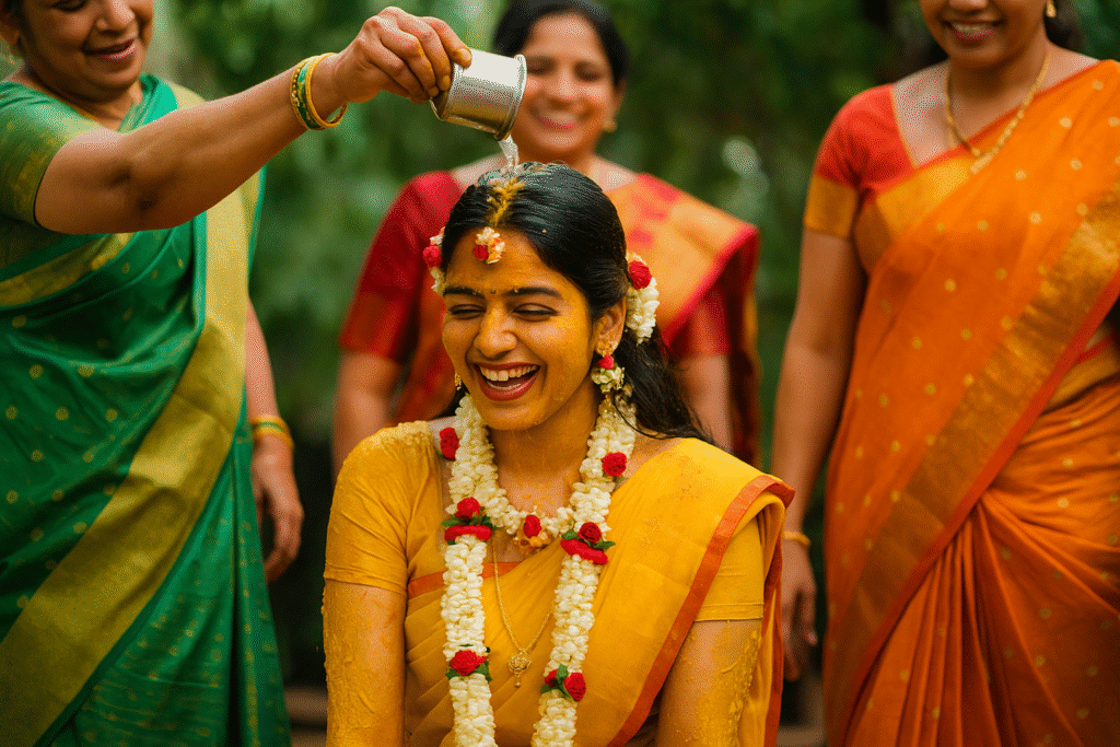 “Bride smiling during the Mangala Snanam ritual as family members pour water and apply turmeric, surrounded by women in colorful traditional sarees.”
