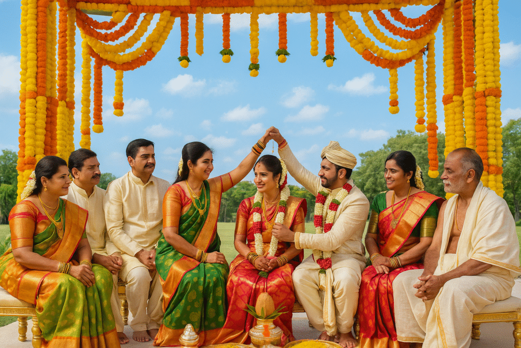 Luxury Wedding Photography | Cinematic Moments in Style capturing a joyful Telugu wedding couple under elegant décor with cinematic lighting and vibrant colors.