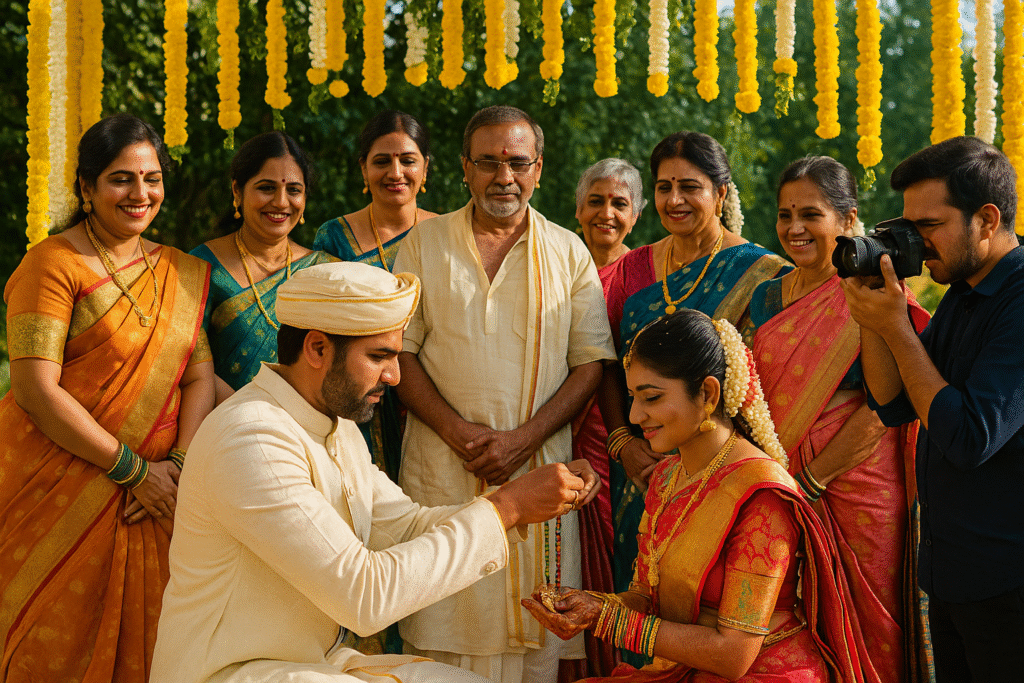 “Bride and groom during the Tali Kattadam ritual surrounded by family, priest, and photographer under a floral mandap at a traditional Telugu wedding.”
