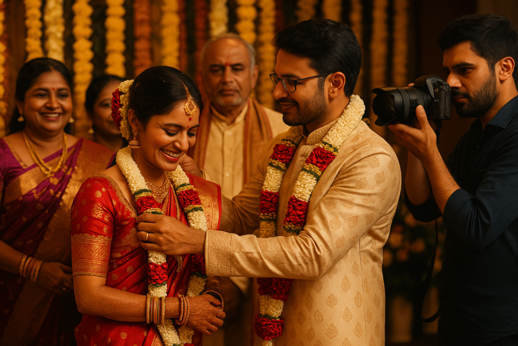 Elegant Telugu couple sharing a joyful wedding moment captured in vibrant lighting and traditional attire, perfected through Luxury Wedding Photography | Cinematic Moments in Style.