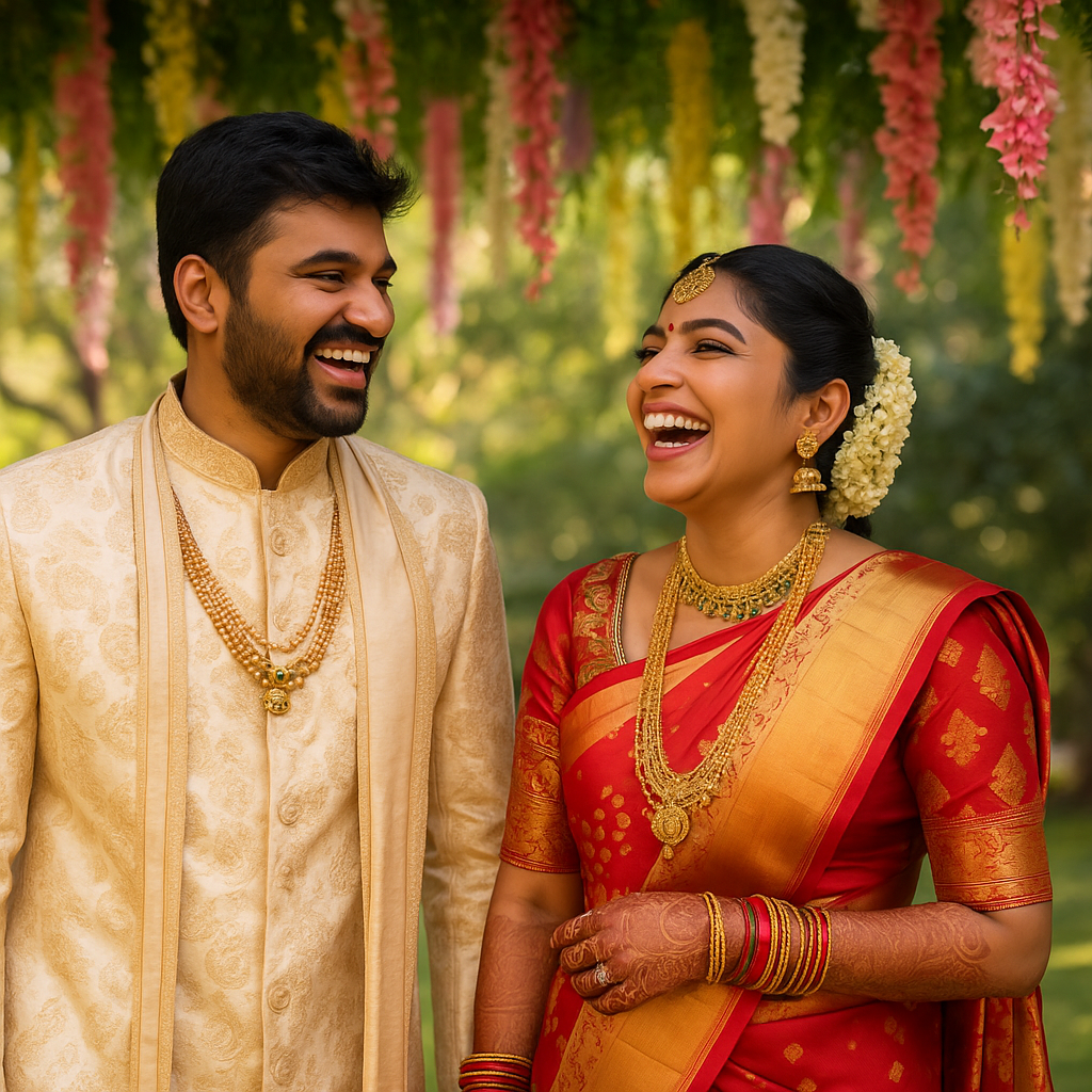 Luxury Wedding Photography | Cinematic Moments in Style capturing a joyful Telugu couple in Hyderabad under a floral canopy in beautiful natural daylight.