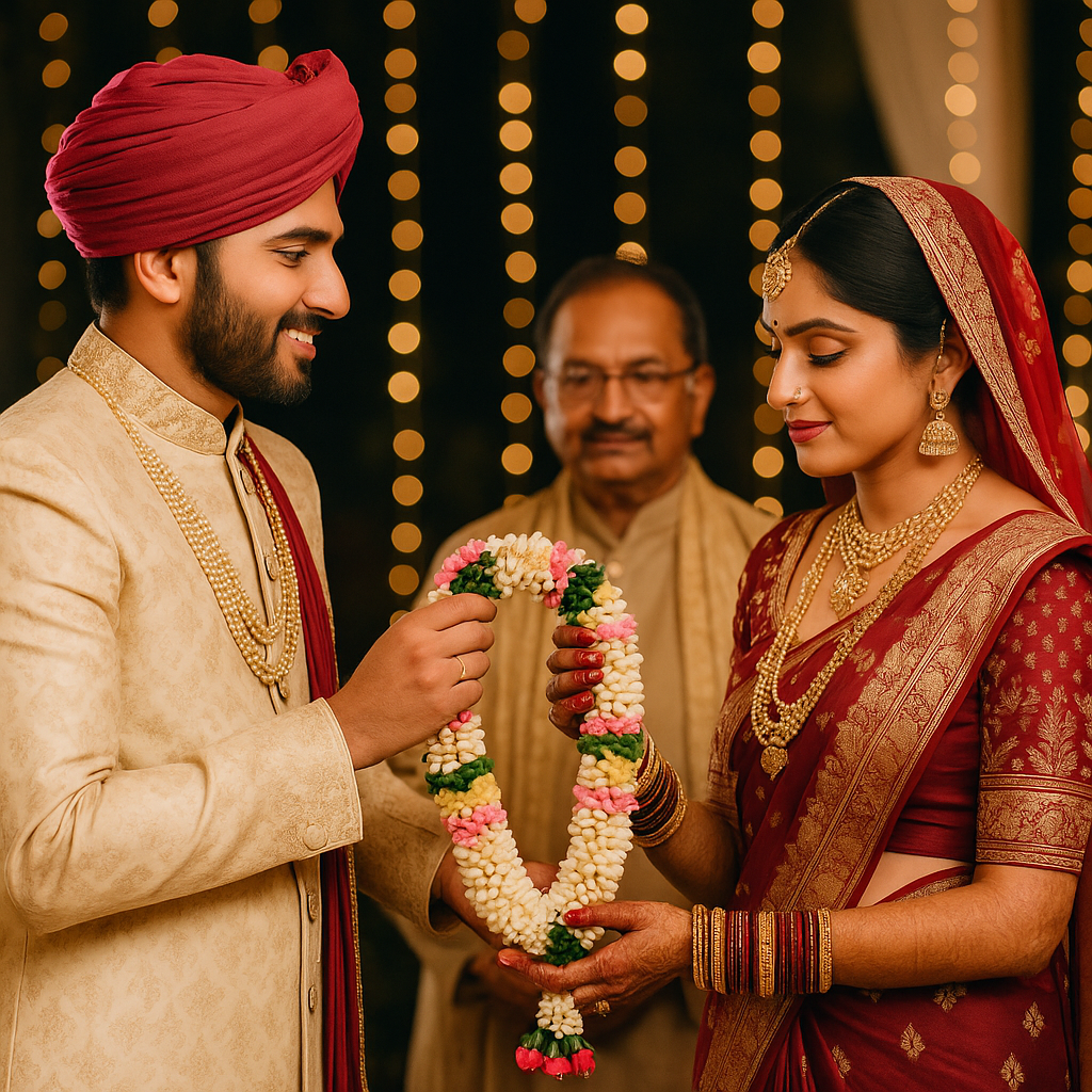 Indian wedding couple exchanging garlands under warm fairy lights, captured beautifully by professional wedding photographers in Hyderabad.