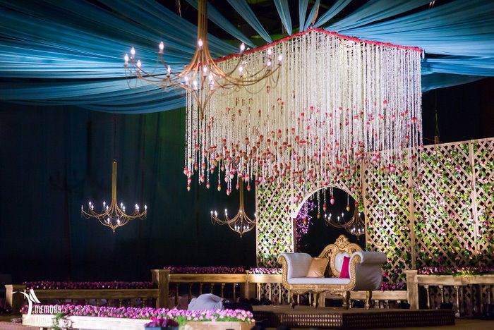 Elegant wedding stage décor with floral chandelier and royal seating, beautifully designed for a luxury wedding reception in Hyderabad.