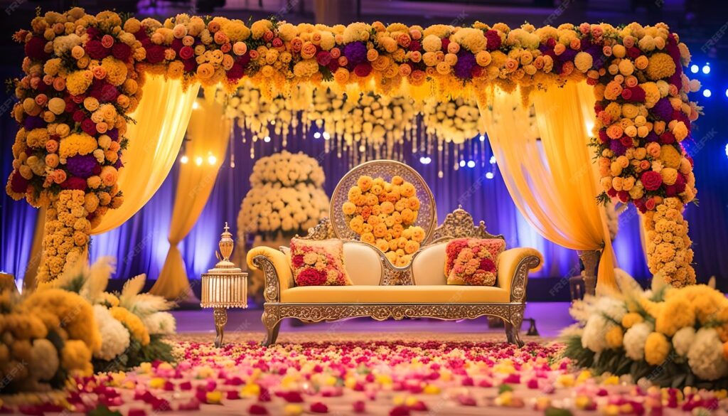Beautiful wedding stage setup captured by Wedding Photo & Video Services Hyderabad with colorful flowers and elegant lighting decoration